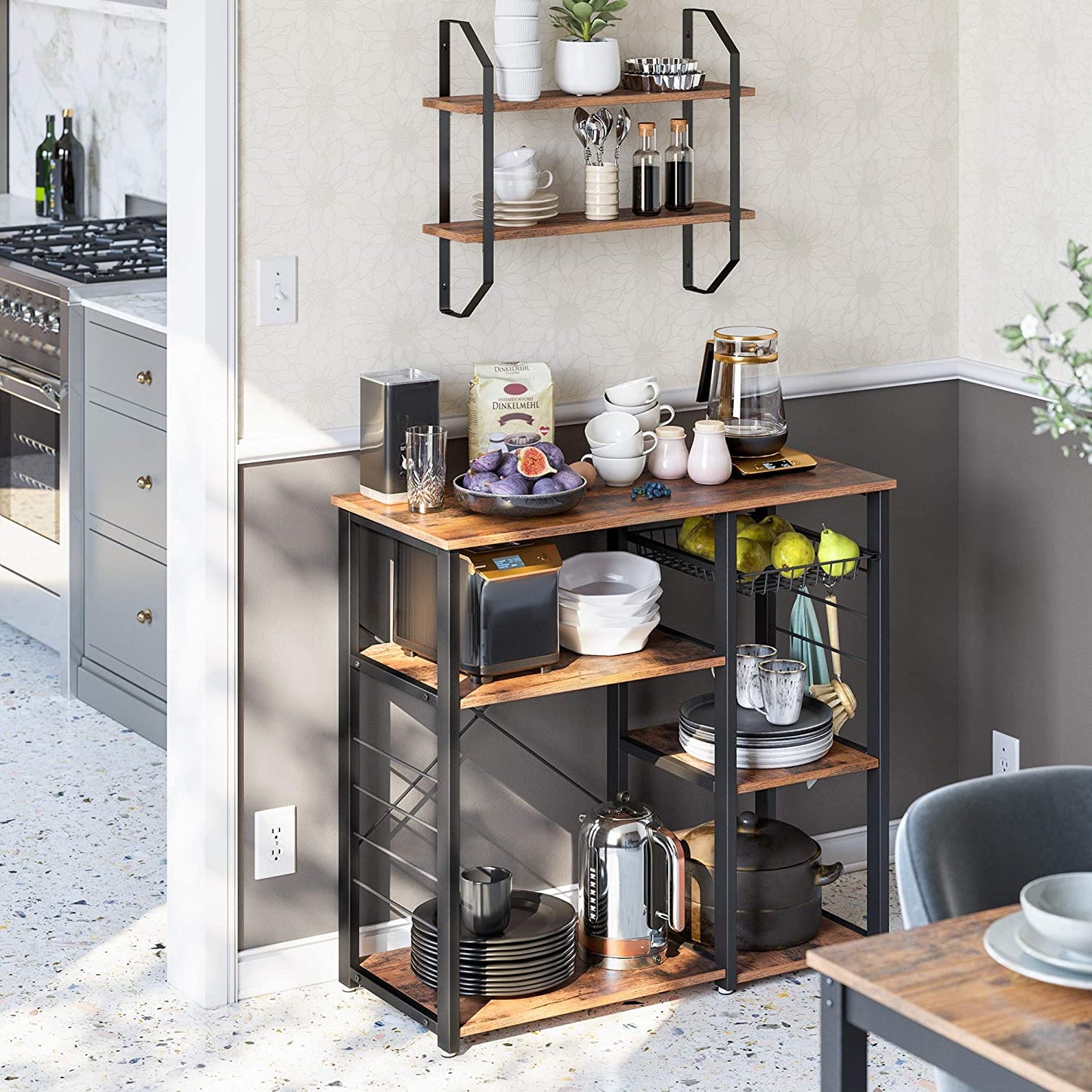 Kitchen Shelf with Steel Frame Wire Basket and 6 Hooks Rustic Brown and Black