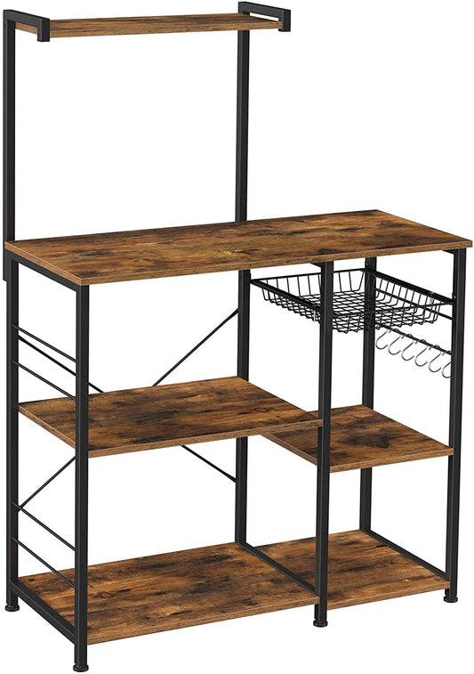 Kithcen Baker's Rack with Shelves Microwave Stand with Wire Basket and 6 S-Hooks Rustic Brown