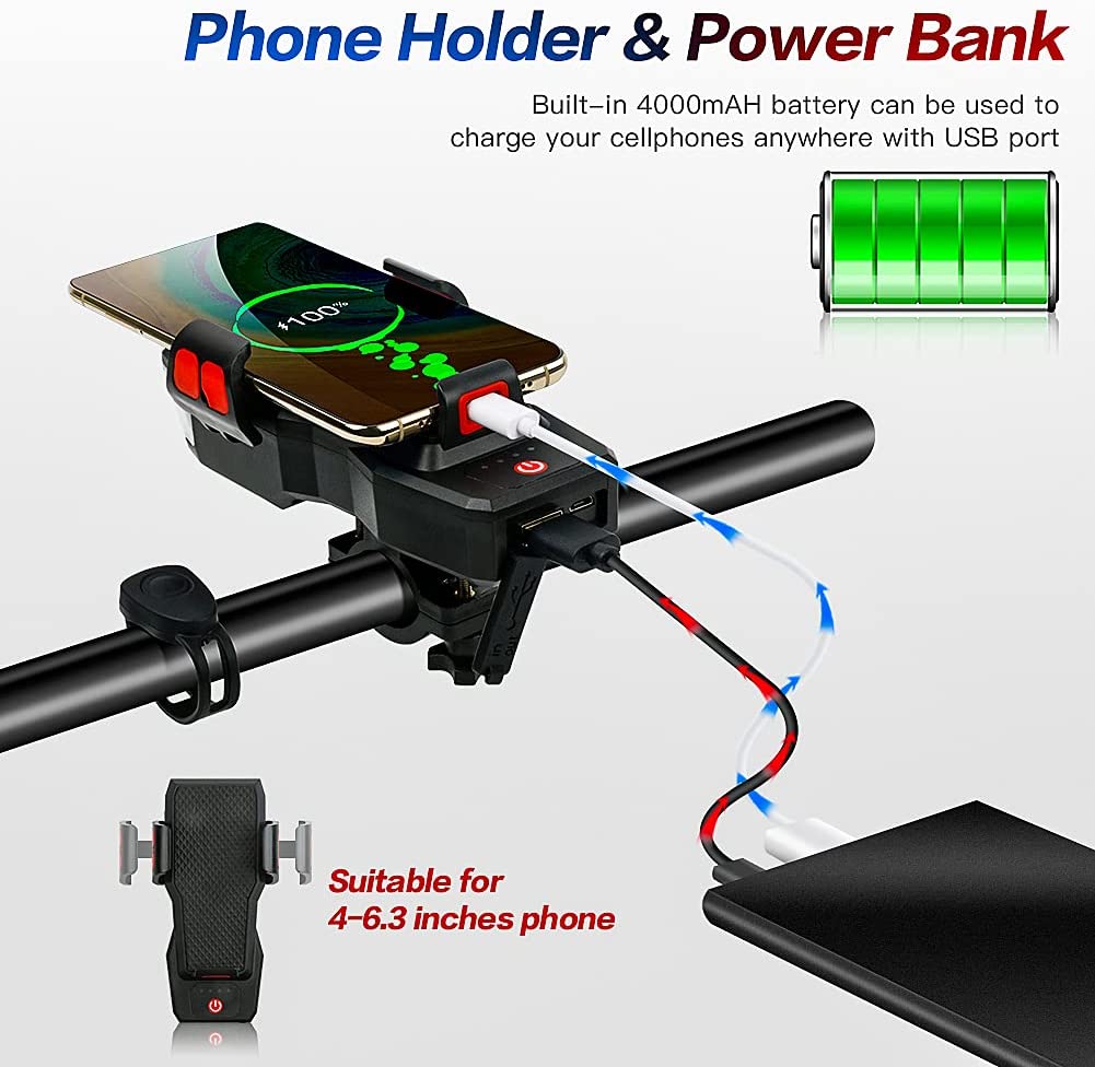 Bike LED Light 550LM Front and Back USB Rechargeable with 4000mAh Power Bank and IPX4 Waterproof