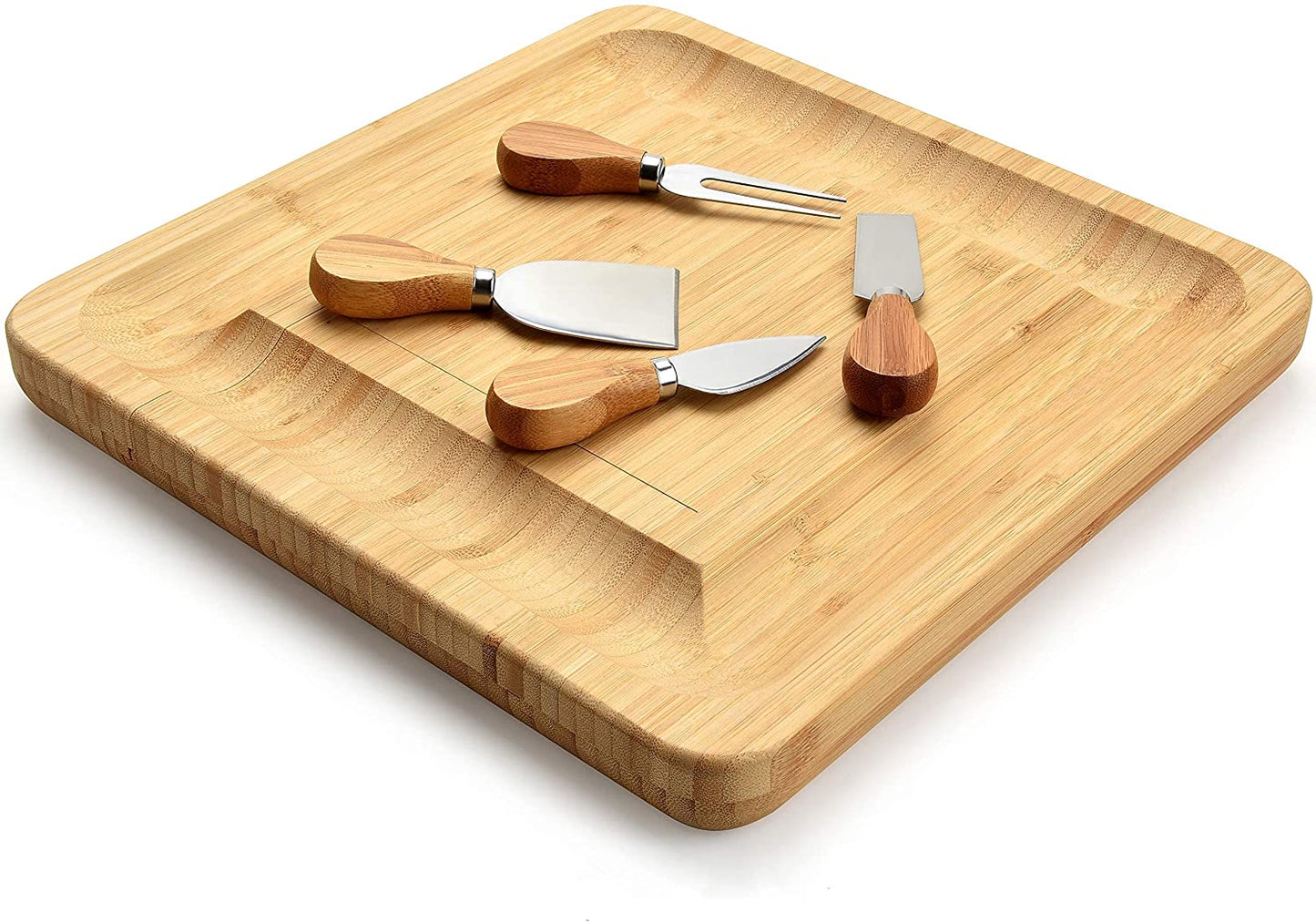 Bamboo Cheese Board Set with Cutlery in Slide-Out Drawer Including 4 Stainless Steel Serving Utensils