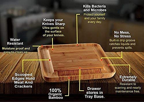 Bamboo Cheese Board Set with Cutlery in Slide-Out Drawer Including 4 Stainless Steel Serving Utensils