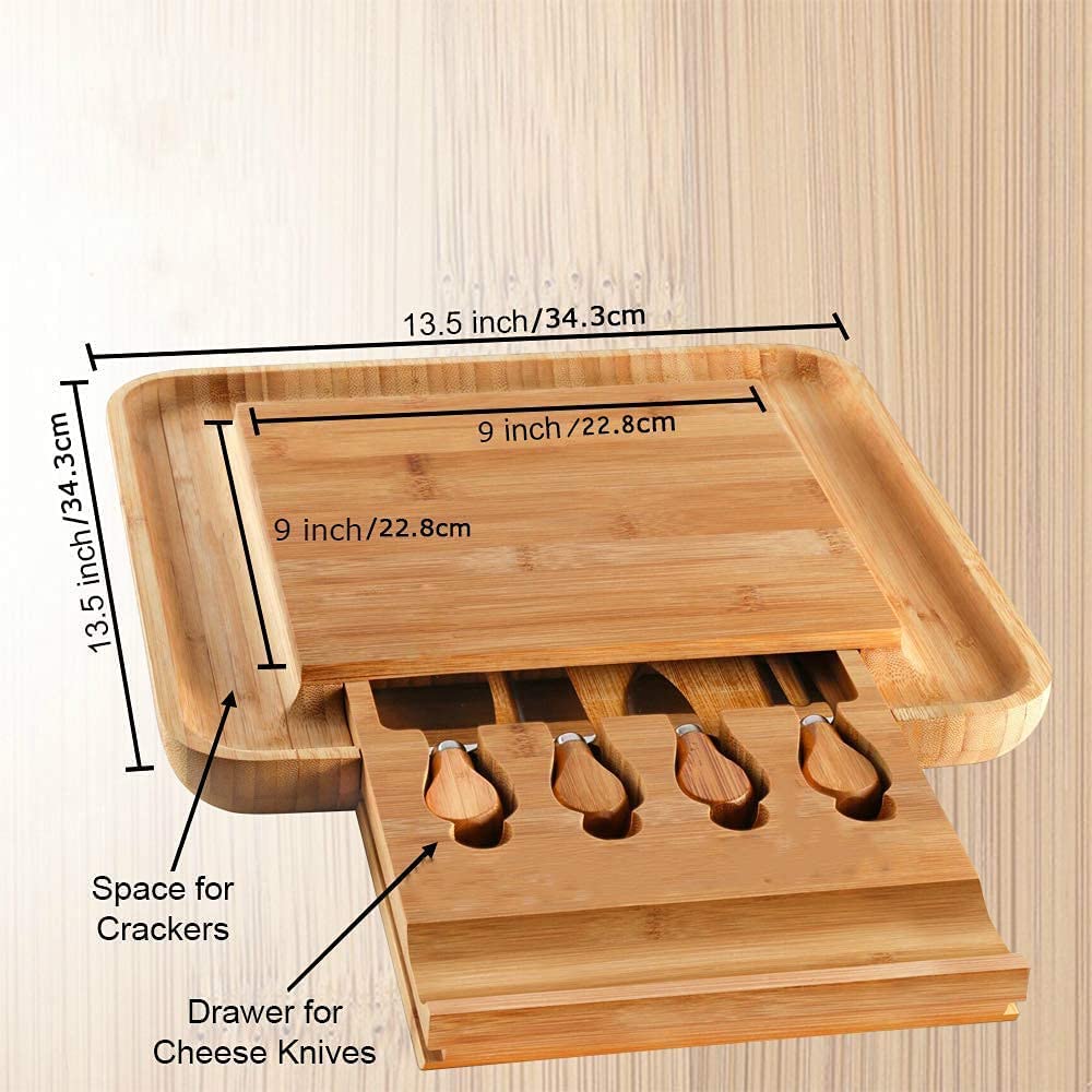 Bamboo Cheese Board Set with Cutlery in Slide-Out Drawer Including 4 Stainless Steel Serving Utensils