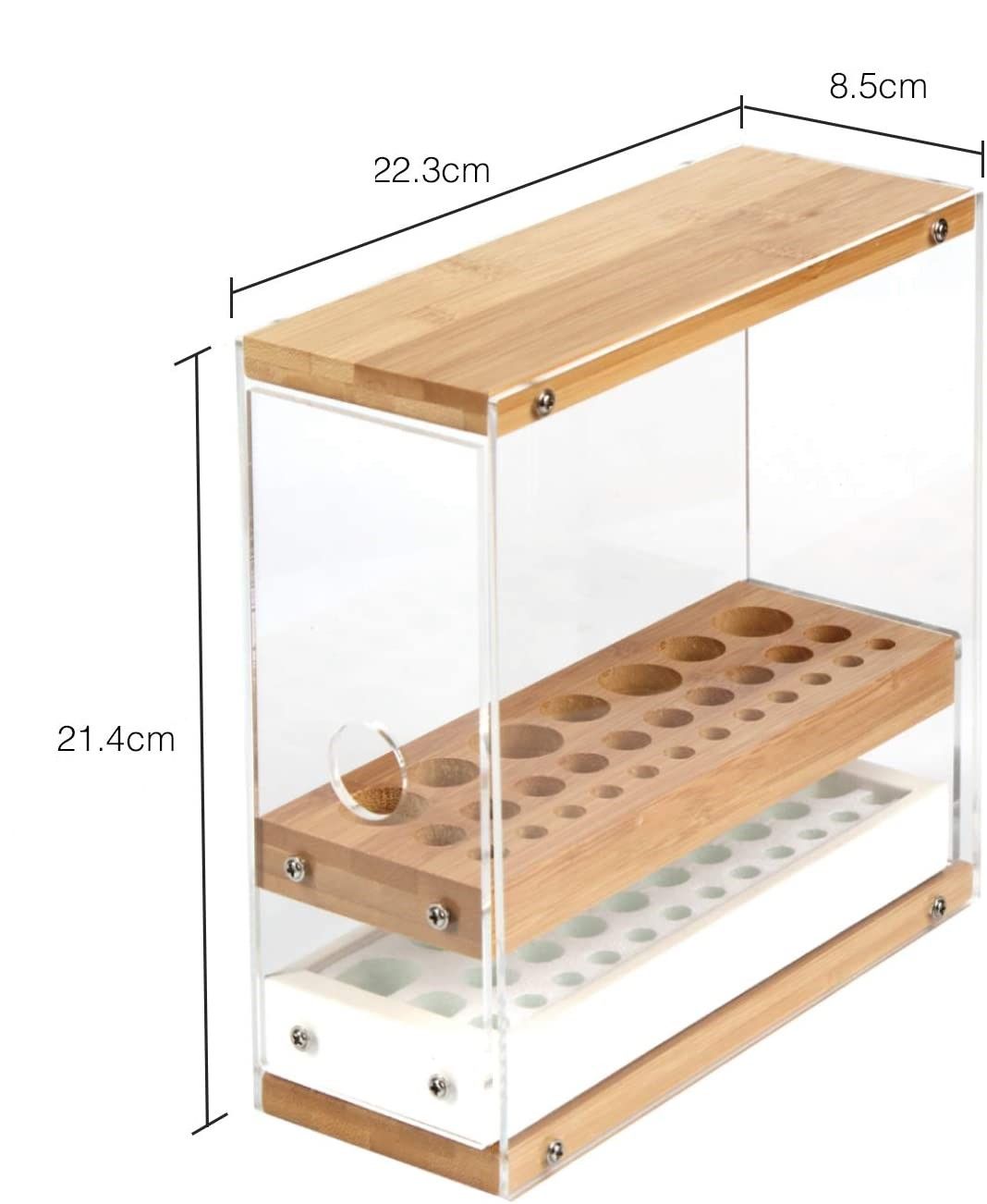 31 Holes Acrylic Bamboo Brush Holder Organiser Beauty Cosmetic Display Stand with Leather Drawer White (22.3 x 8.6 x 21.5 cm)