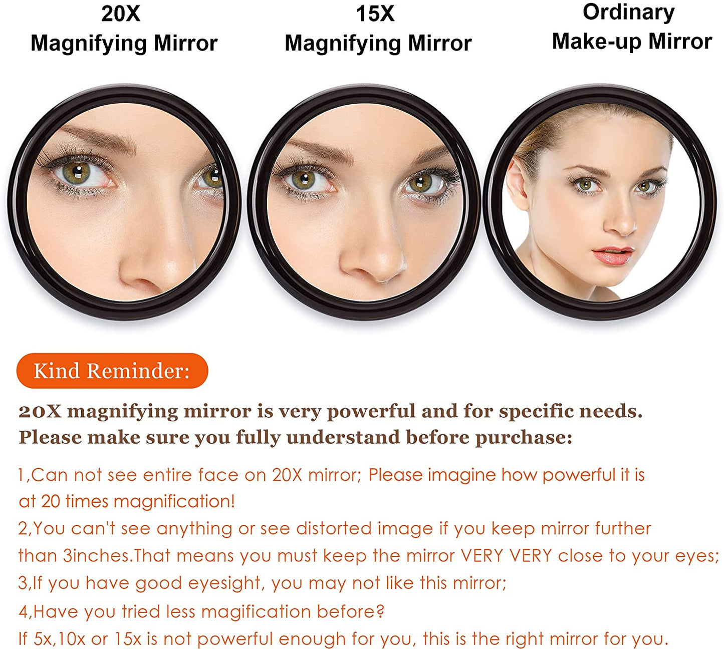 20X Magnifying Hand Mirror with Suction Cups Use for Makeup Application, Tweezing, and Blackhead/Blemish Removal (15 cm Black)