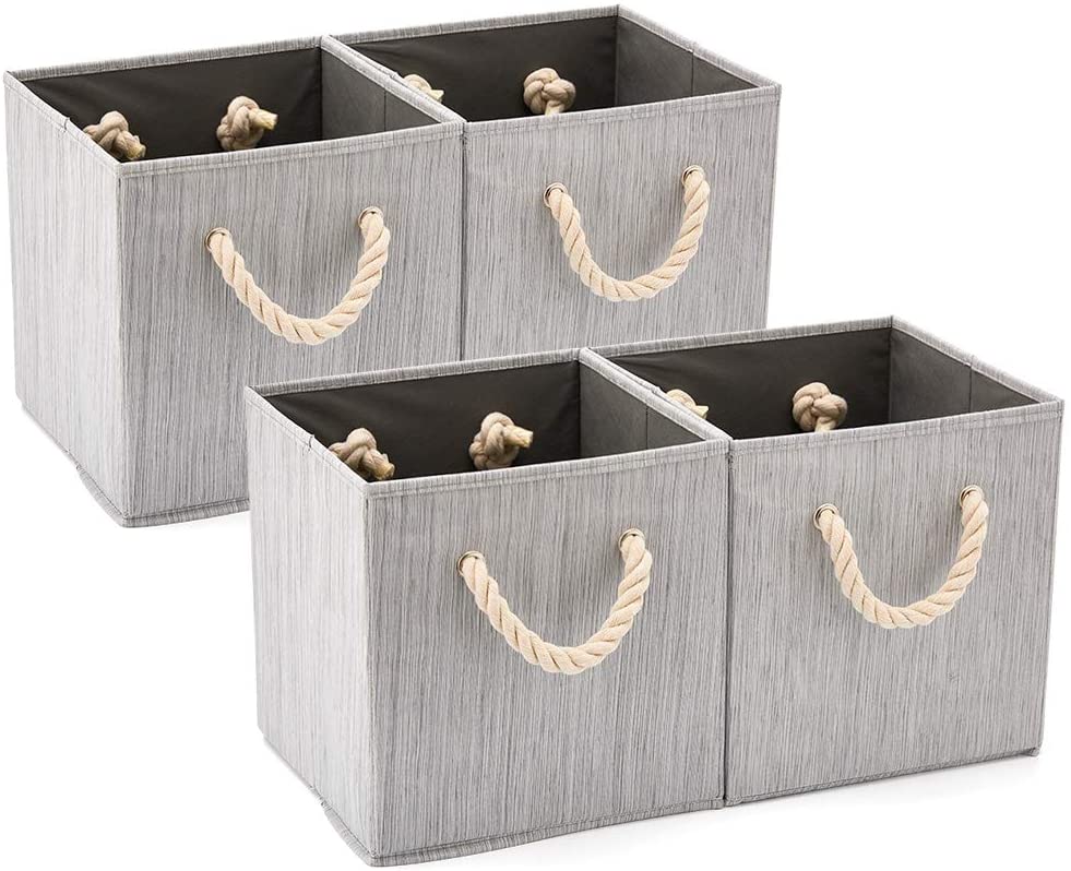 Pack of 4 Foldable Fabric Storage Cube Bins with Cotton Rope Handle and Collapsible Water Resistant Basket Box Organizer for Shelves (Grey)