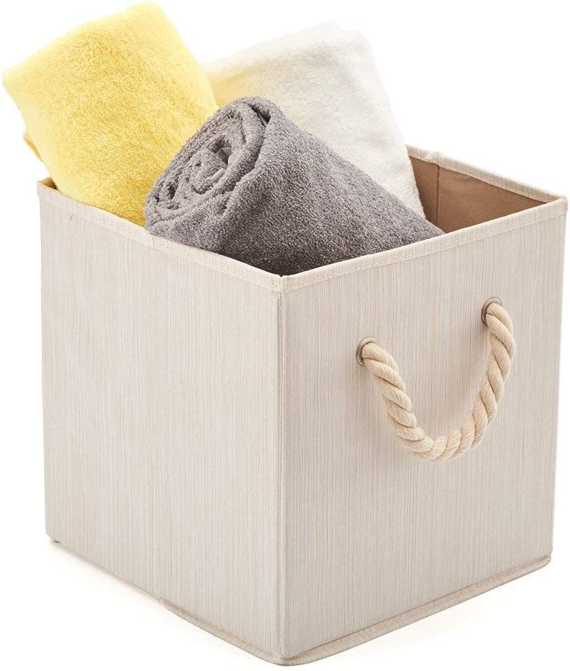 Pack of 4 Foldable Fabric Storage Cube Bins with Cotton Rope Handle and Collapsible Water Resistant Basket Box Organizer for Shelves (Beige)