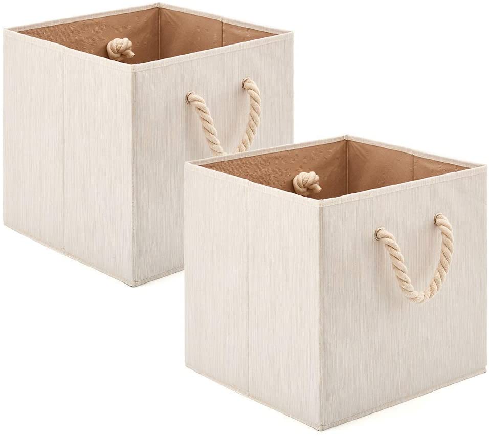 Pack of 2  Foldable Bamboo Fabric Storage Bin with Cotton Rope Handle and Collapsible Resistant Basket Box Organizer for Shelves - Beige (33 x 33 x 33 cm)