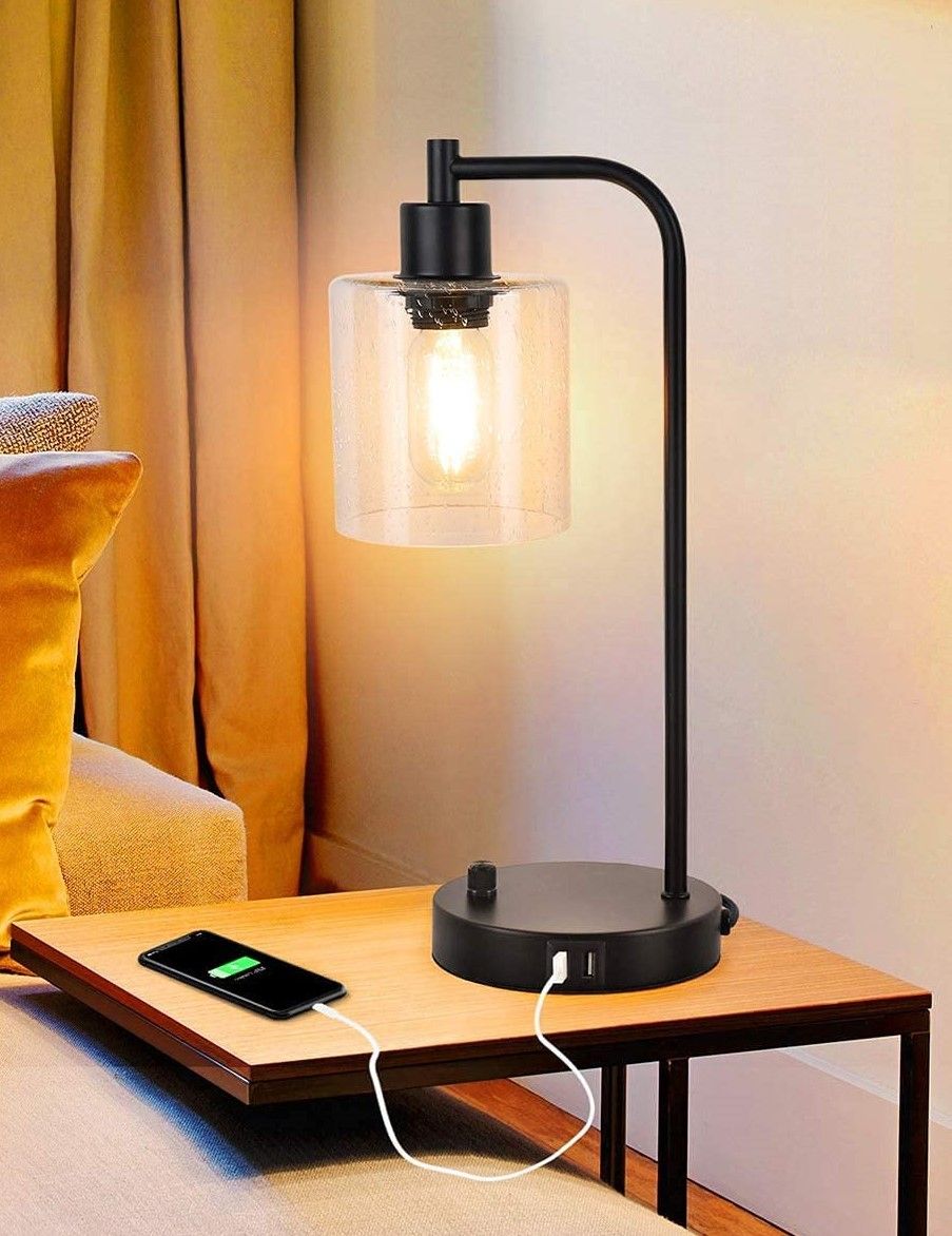 Industrial Table Lamp with 2 USB Port for Bedside Nightstand Desk and Living Room Office (Bulb not Included)
