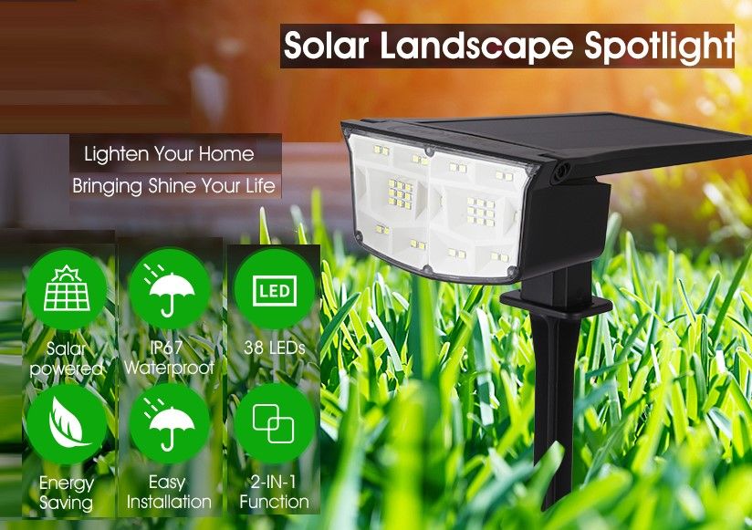 2 Pack 38 LEDs Solar Landscape Spotlights with 70&deg; Adjustable Panel and IP65 Waterproof (White)