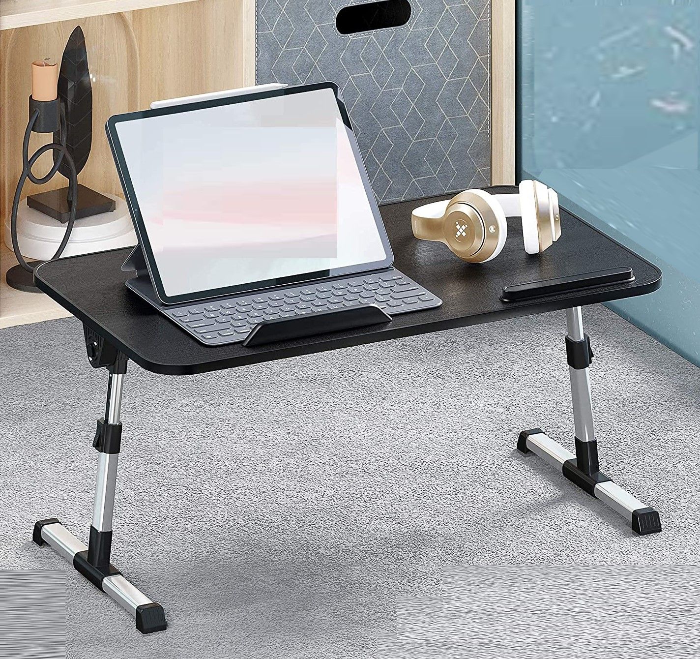 Large Size Folding and Adjustable Laptop Bed Tray Table for, Writing, Drawing and Working - 60 x 33 cm (Black)