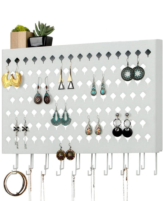 Wall Mount Earring Jewelry Hanger Organizer Holder with 109 Holes and 19 Hooks (White)