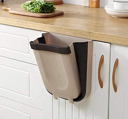 Hanging Trash Can Collapsible Small Garbage Waste Bin for Kitchen Cabinet Door (Beige)