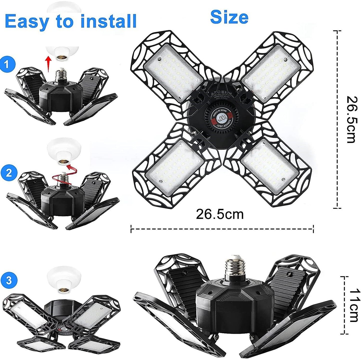 120W Ultra Bright Garage LED Deformable Ceiling Light with Adjustable Multi-Position Panels for Garage (12000LM - 6500K E26/E27)