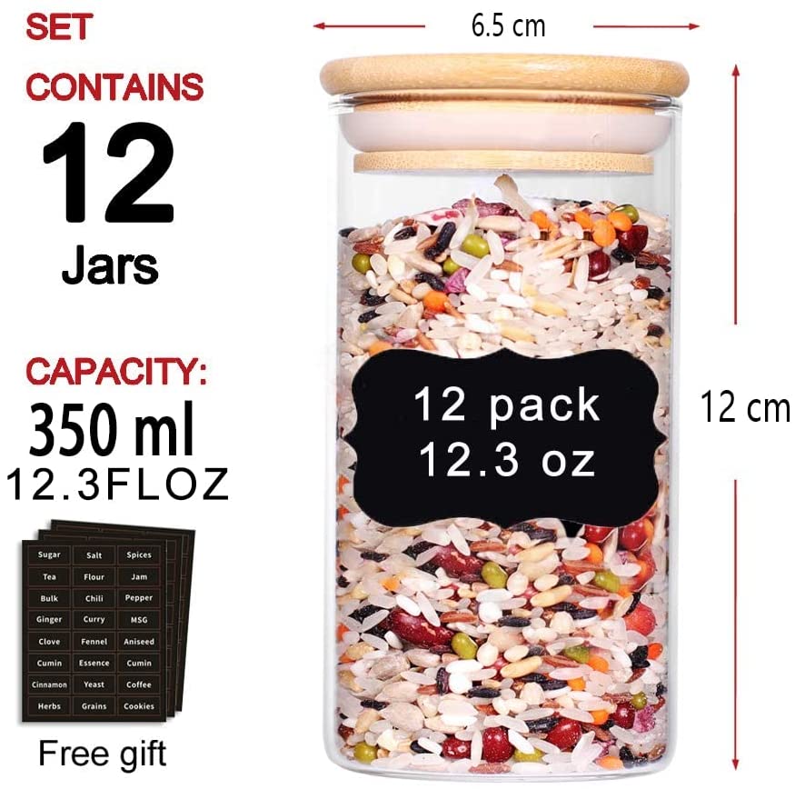 12 Pieces Glass Spice Jars for Kitchen Canisters with Airtight Bamboo Lids and Labels (350 ml)