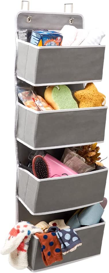 2 Pack Over the Door Hanging Storage Organizer with 4 Pouch Pocket for Pantry Baby Nursery Bathroom Closet Dorm - Gray