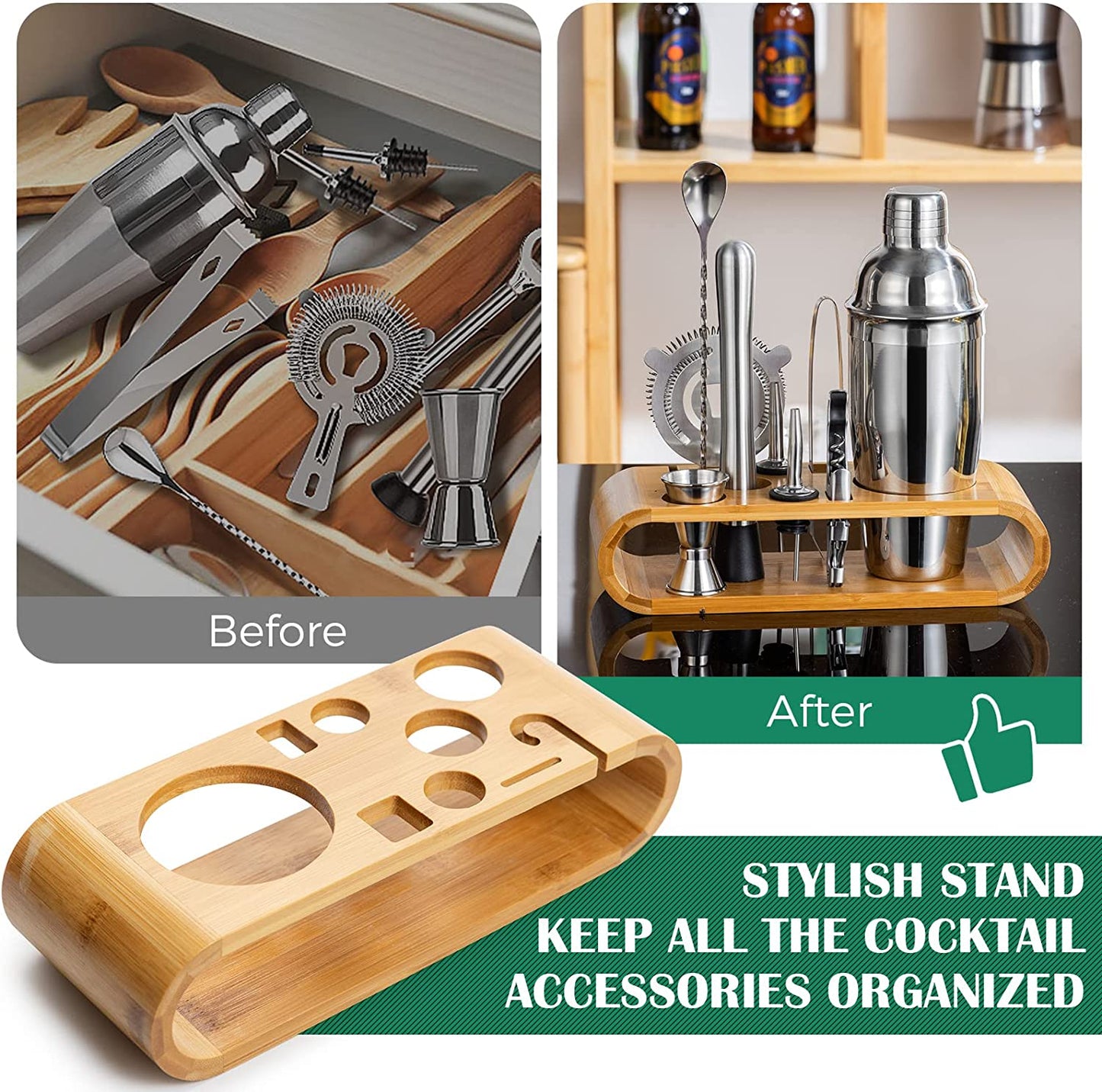 Cocktail Shaker Set Bartender Kit with Bamboo frame and 10 Pieces Stainless Steel Bar Tool Set