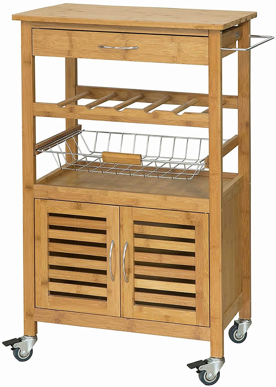 Bamboo Kitchen Storage Trolley with Wine Rack