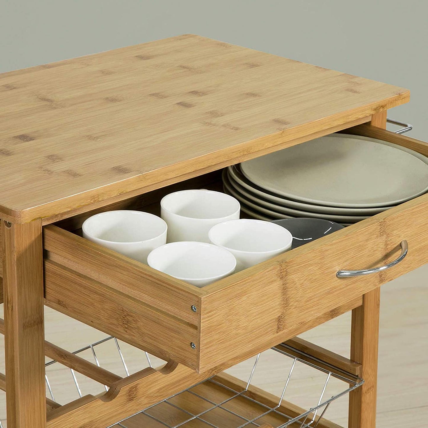 Bamboo Kitchen Storage Trolley with Wine Rack