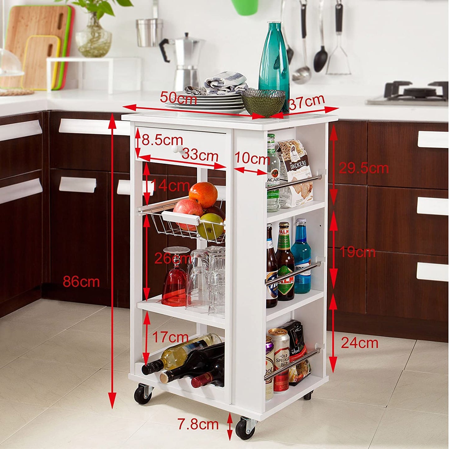 Kitchen Trolley with Wine Rack, Drawer and Shelf