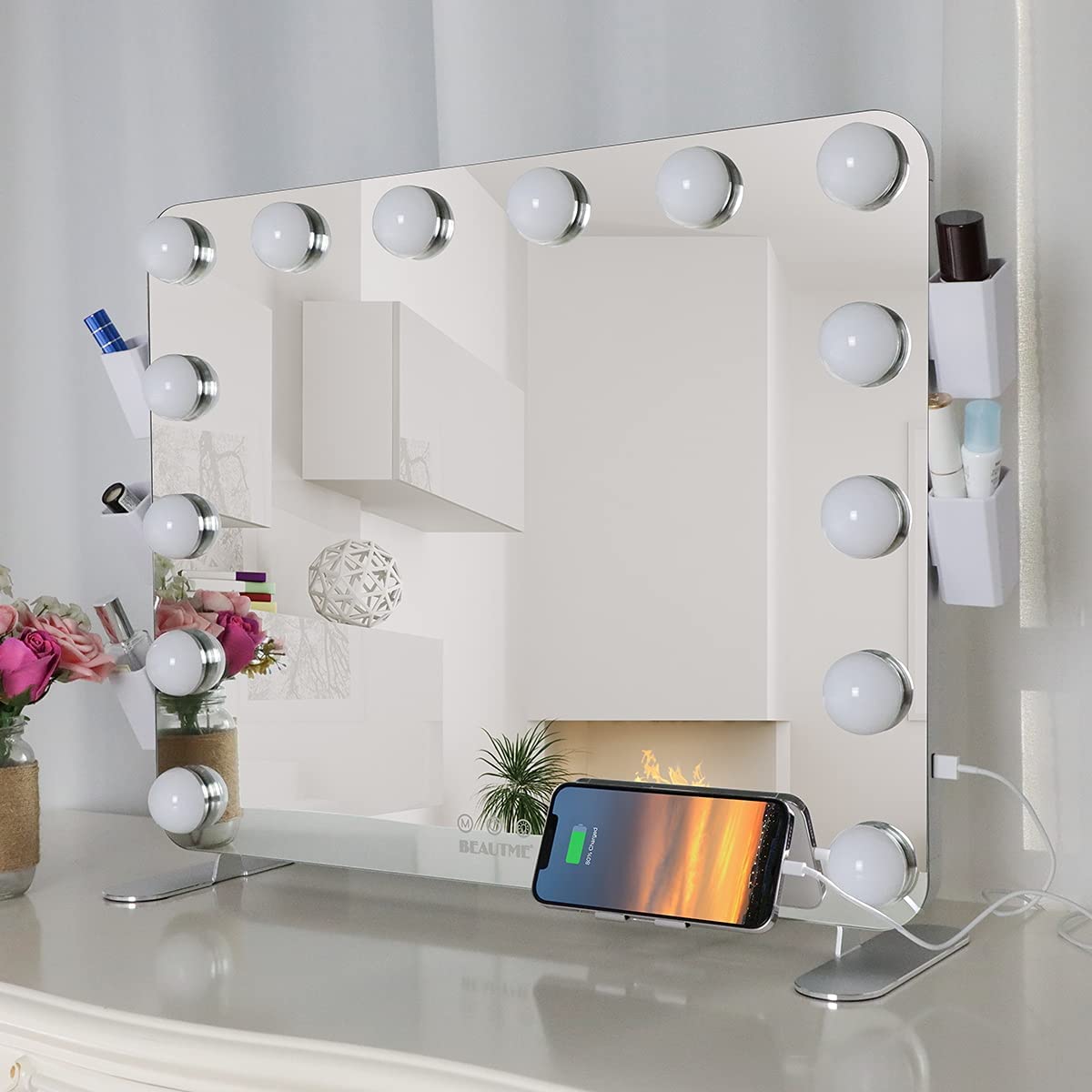 Hollywood Makeup Vanity Mirror with LED Lights, USB charging and Detachable 10X Magnification Mirror (Silver,  66 x 48 cm)