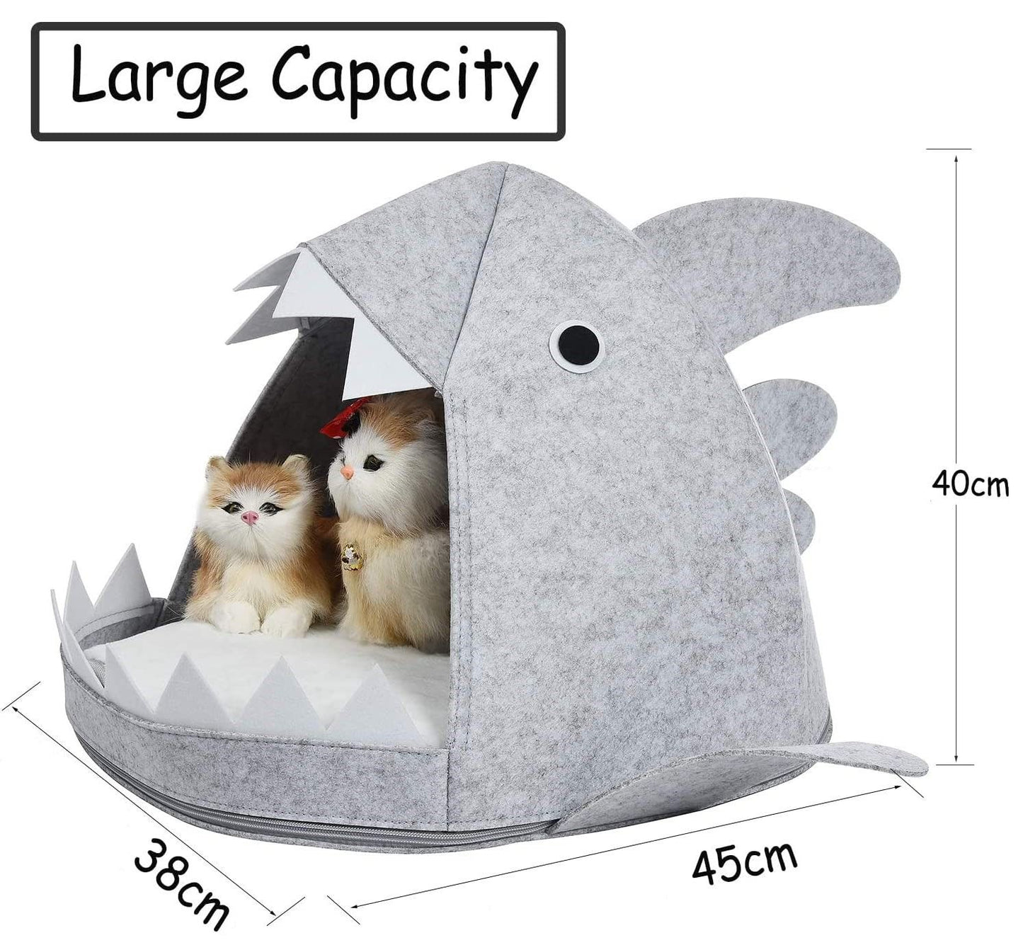 Shark Shape Pet Cave Bed for Cats andSmall Dogs 45 x 45 x 38 cm (Light Grey)