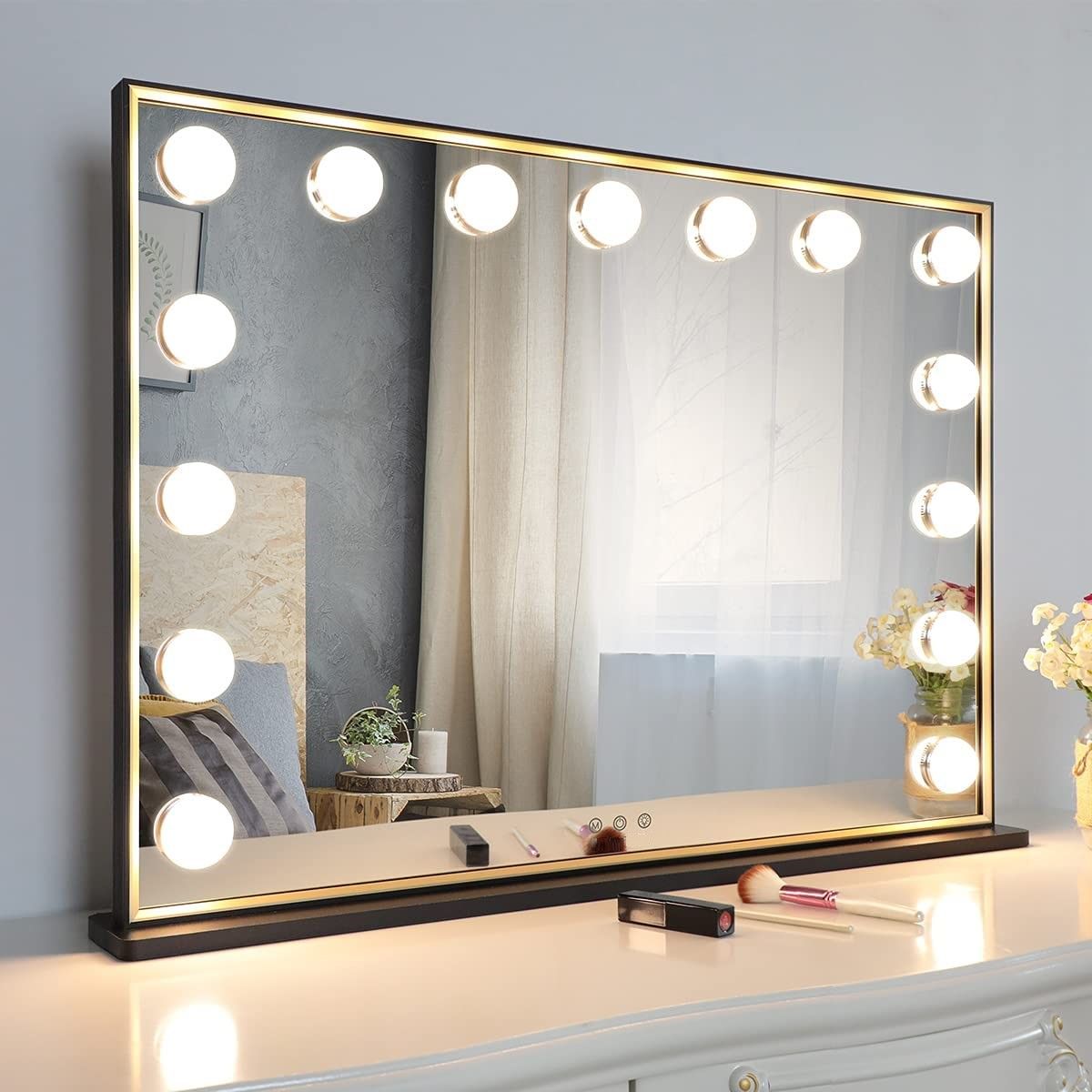 Hollywood Makeup Vanity Mirror with LED Lights and with Smart Button (Black, 77 x 55 cm)