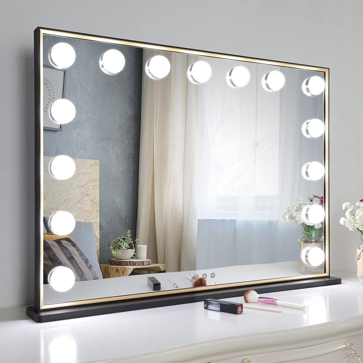 Hollywood Makeup Vanity Mirror with LED Lights and with Smart Button (Black, 77 x 55 cm)