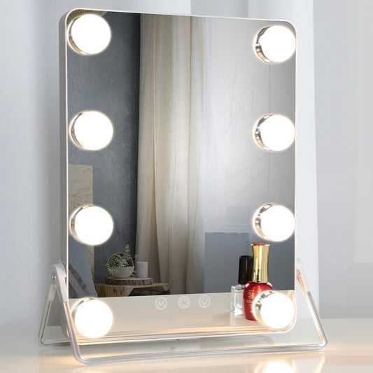 10X Magnifying Vanity Mirror with Lights with 8 Dimmable Bulbs for Makeup and Travel (Grey, 31 x25 cm)