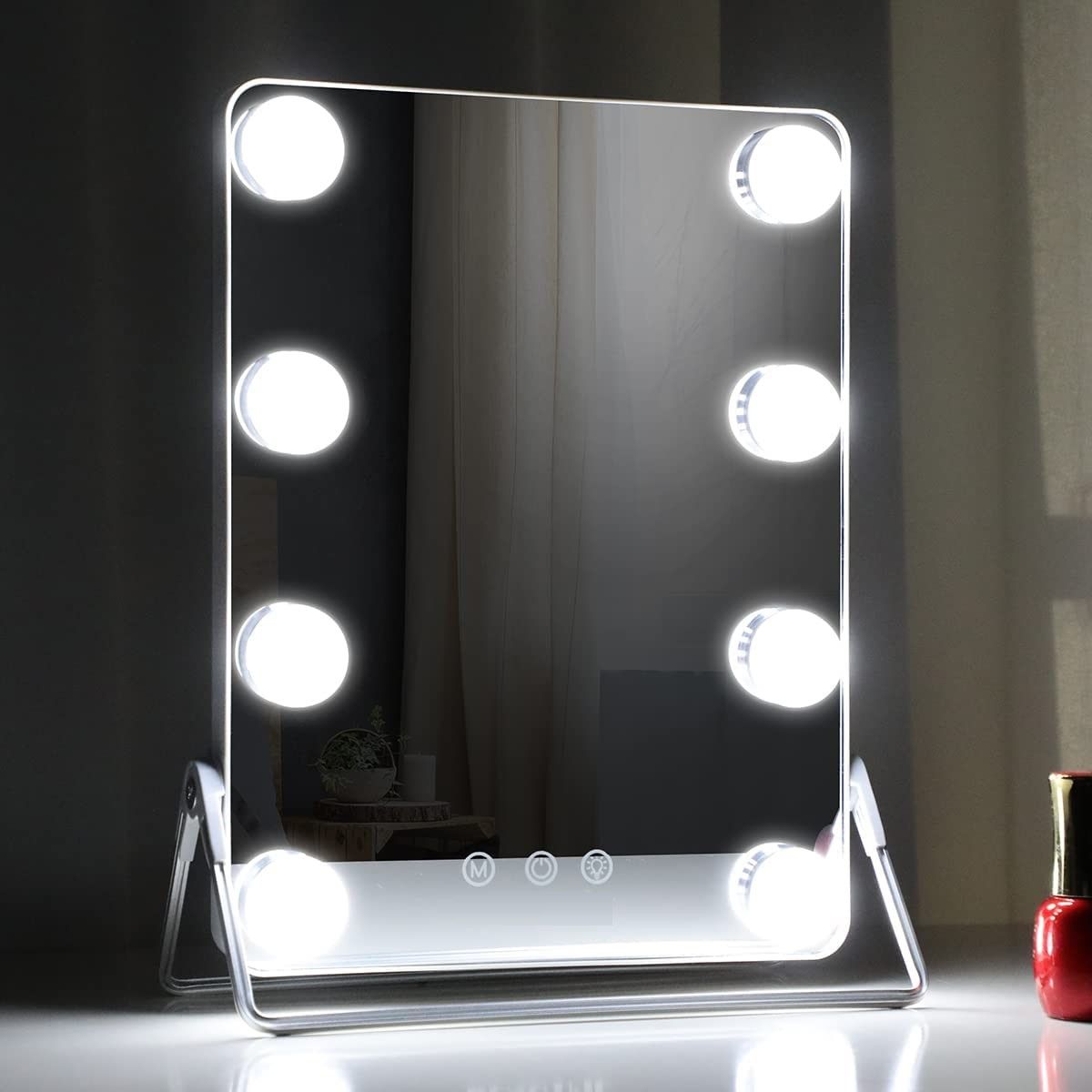 10X Magnifying Vanity Mirror with Lights with 8 Dimmable Bulbs for Makeup and Travel (Grey, 31 x25 cm)