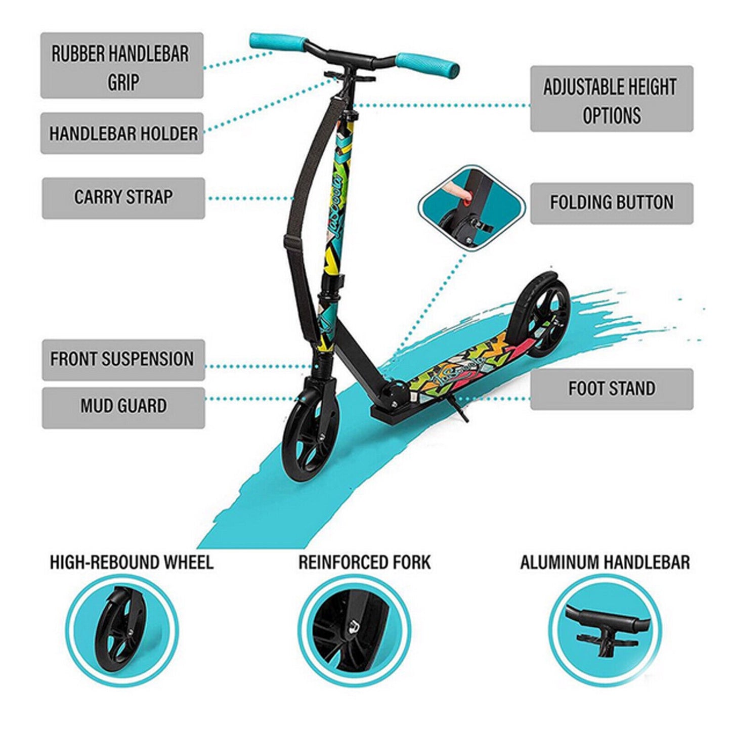 Lascoota Pulse Kick Push Commuter Scooter Teen Adult Graphic Black