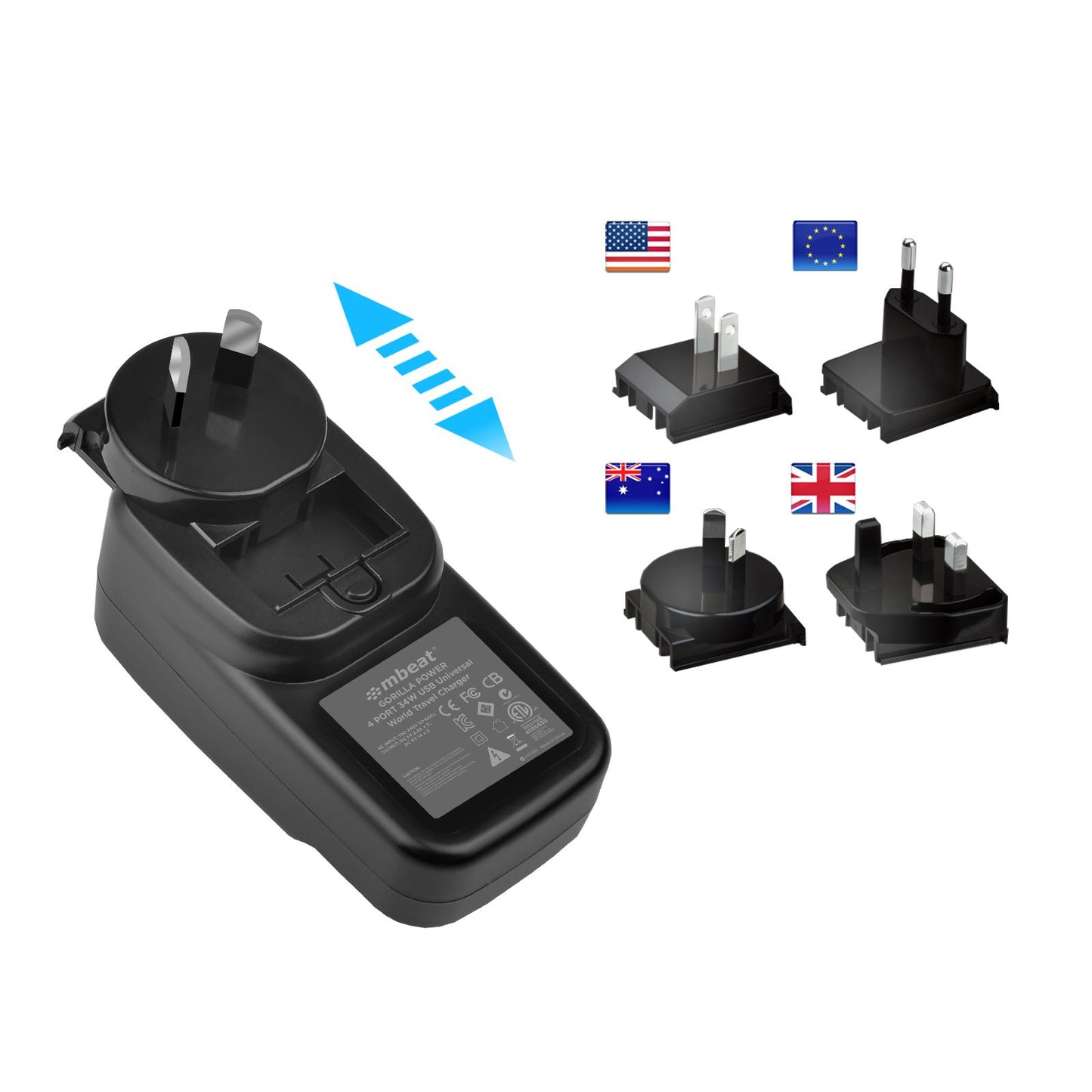 mbeat Gorilla Power 34W 4-Port USB Travel Charger (US/UK/EU/AUS)