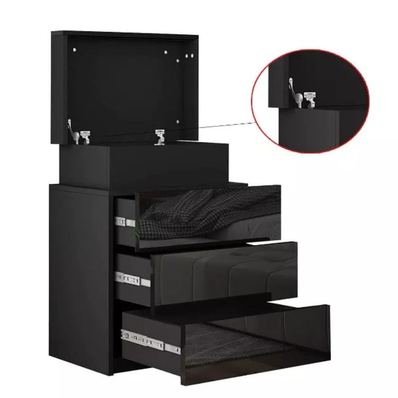 LED Bedside Table High Gloss Nightstand Cabinet with 3-Drawers Black