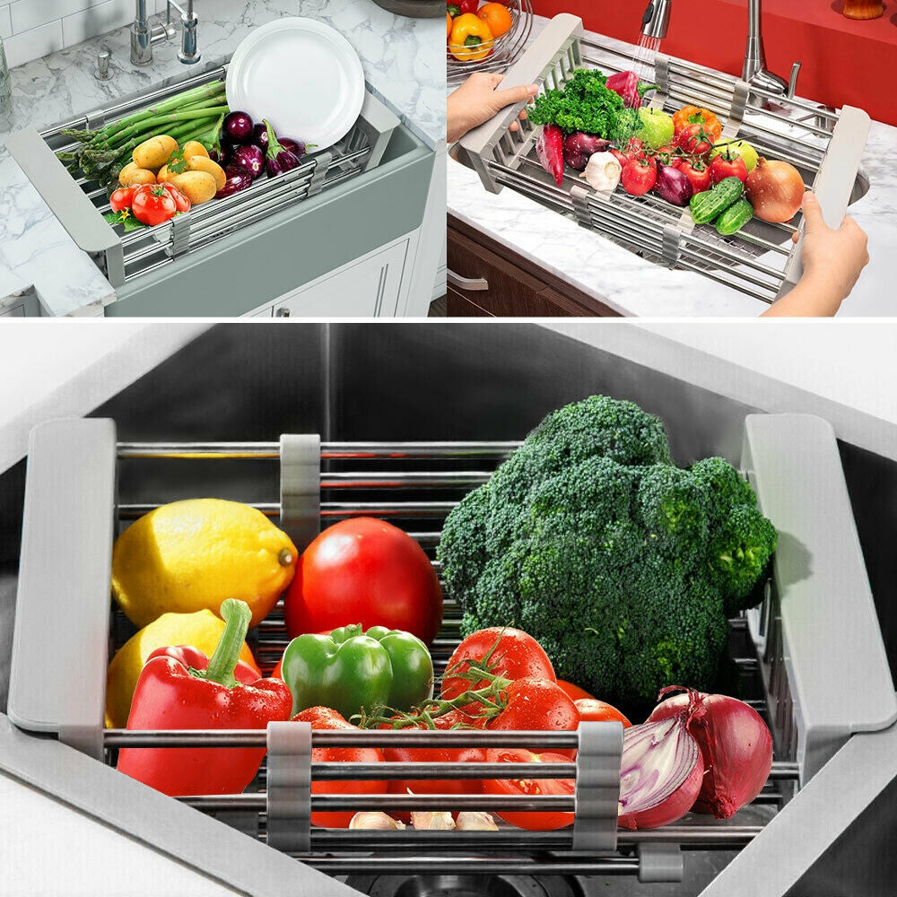 Adjustable Sink Drain Basket Dish Drying Rack Stainless Steel Kitchen Organizer