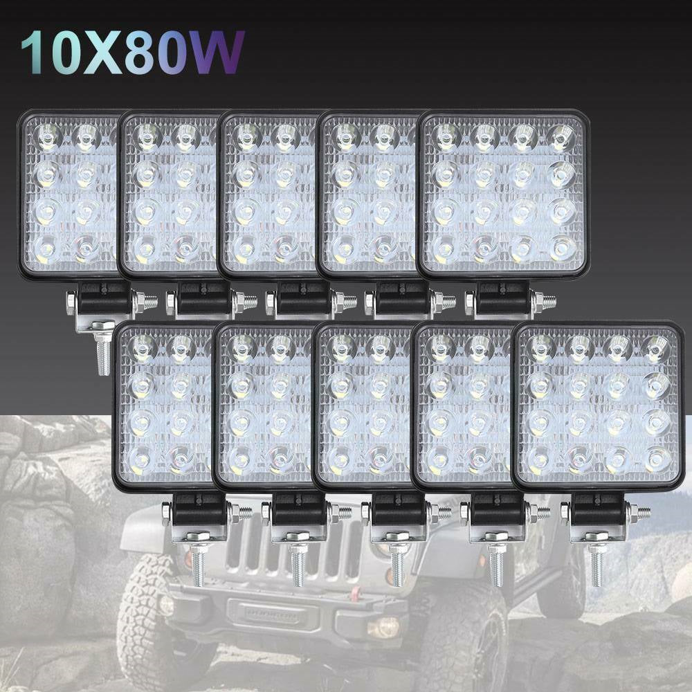 10PCS 80W CREE FLOOD LED Work Lights 12V 24V Boat Camping Square 4inch Bar