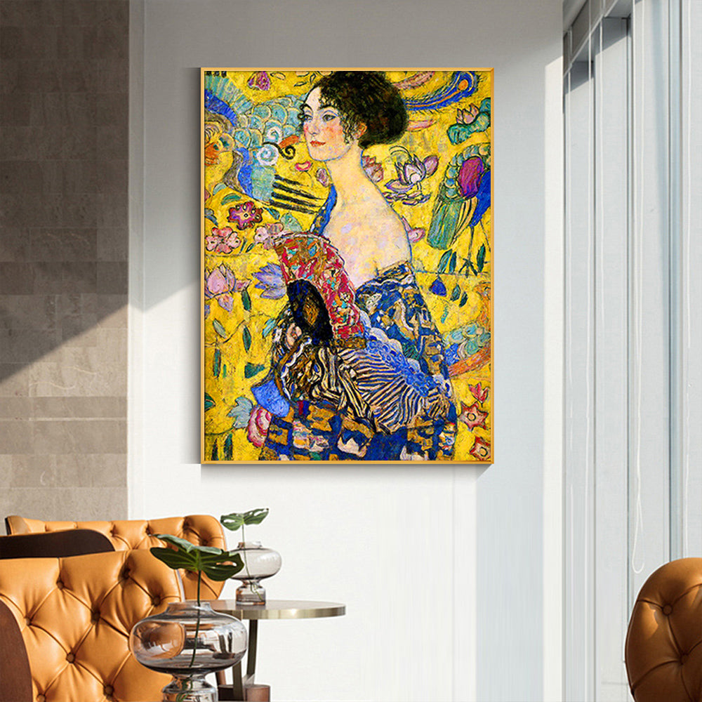 80cmx120cm Lady With A fan By Klimt Gold Frame Canvas Wall Art