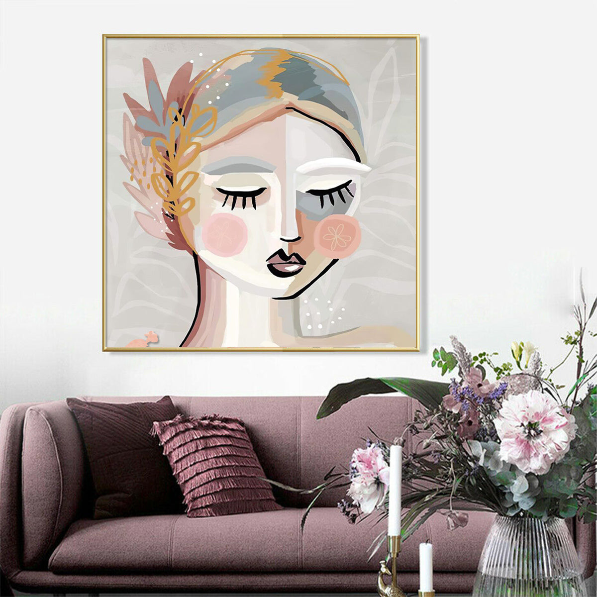 70cmx70cm Calm Girl Gold Frame Canvas Wall Art