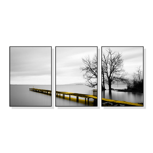 50cmx70cm Calm Lake Bridge Tree Scene 3 Sets Black Frame Canvas Wall Art