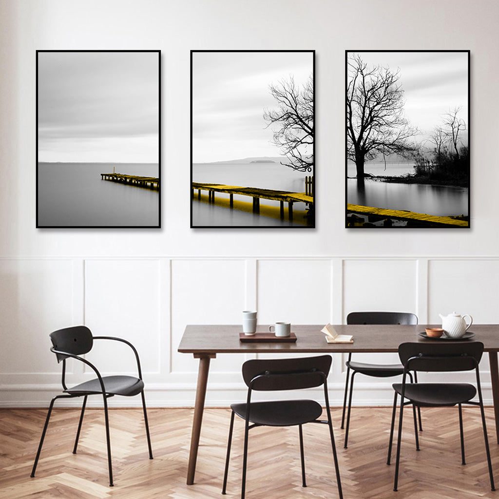 50cmx70cm Calm Lake Bridge Tree Scene 3 Sets Black Frame Canvas Wall Art