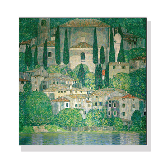 70cmx70cm Kirche In Cassone by Gustav Klimt White Frame Canvas Wall Art