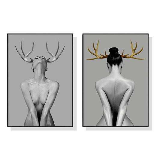 60cmx90cm Girl With Gold Horn 2 Sets Black Frame Canvas Wall Art