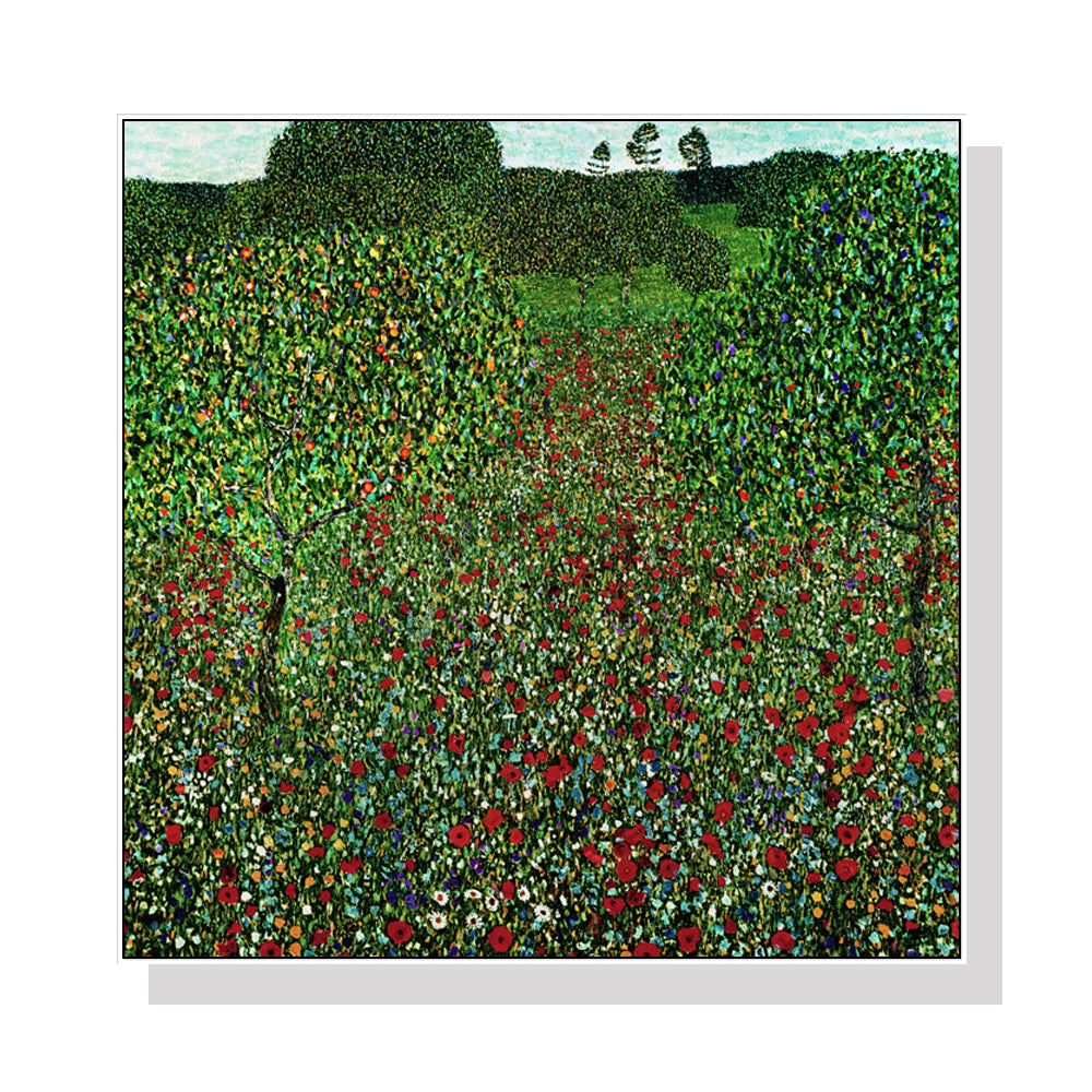 70cmx70cm Field of Poppies by Gustav Klimt White Frame Canvas Wall Art