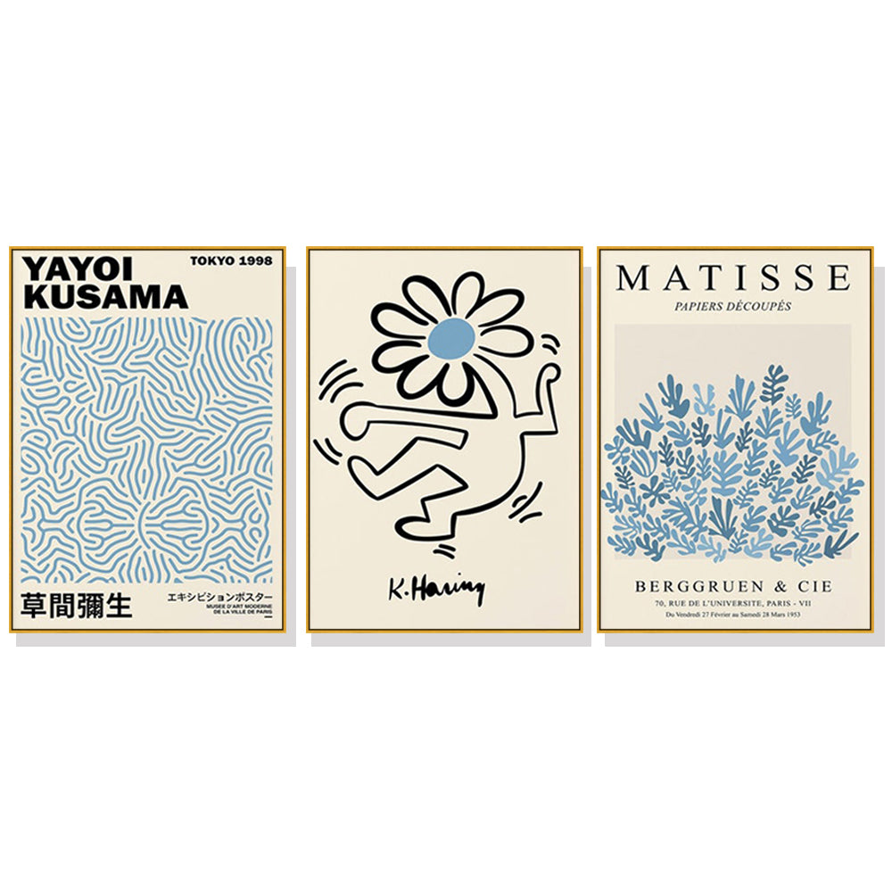 50cmx70cm Blue Matisse,Yayoi Kusama, Keith Haring Mix Art 3 Sets Gold Frame Canvas Wall Art