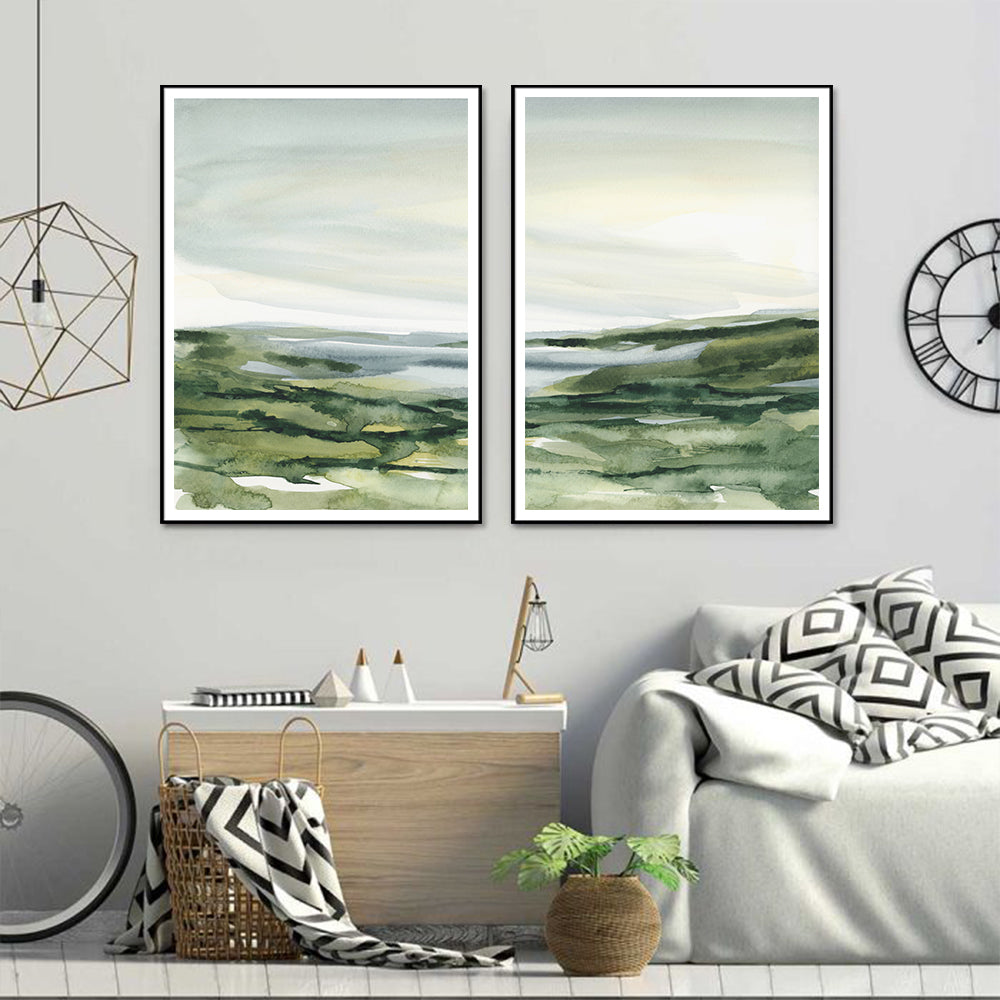 60cmx90cm Watercolor landscape 2 Sets Black Frame Canvas Wall Art