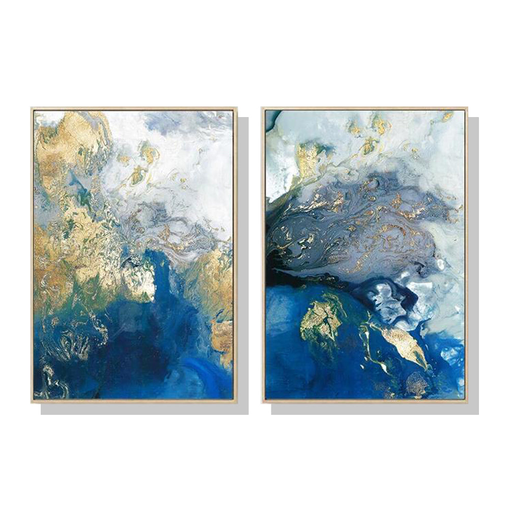 60cmx90cm Marbled Blue And Gold 2 Sets Gold Frame Canvas Wall Art