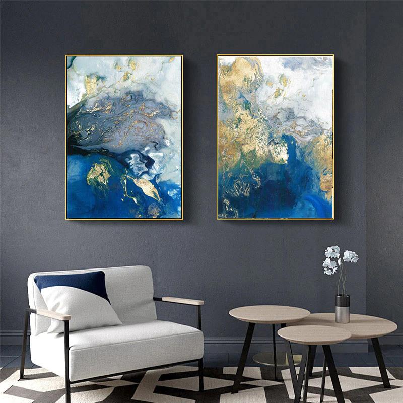 60cmx90cm Marbled Blue And Gold 2 Sets Gold Frame Canvas Wall Art