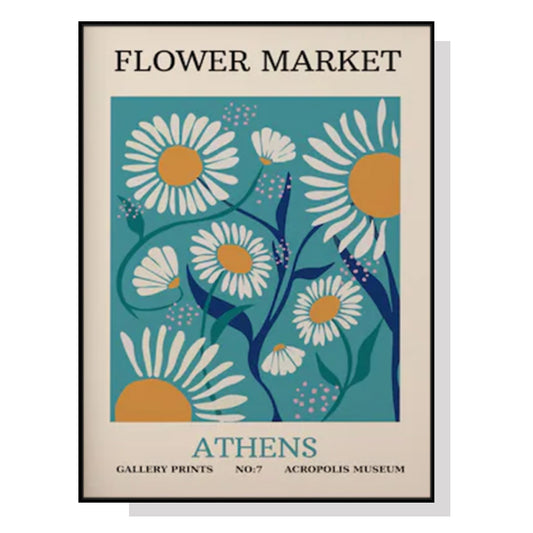 70cmx100cm Flower Market Athens Black Frame Canvas Wall Art