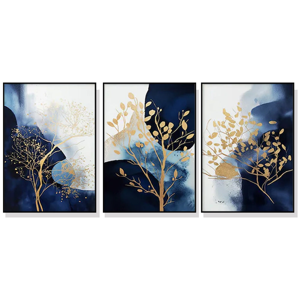 40cmx60cm Navy and Gold Watercolor Shapes 3 Sets Black Frame Canvas Wall Art