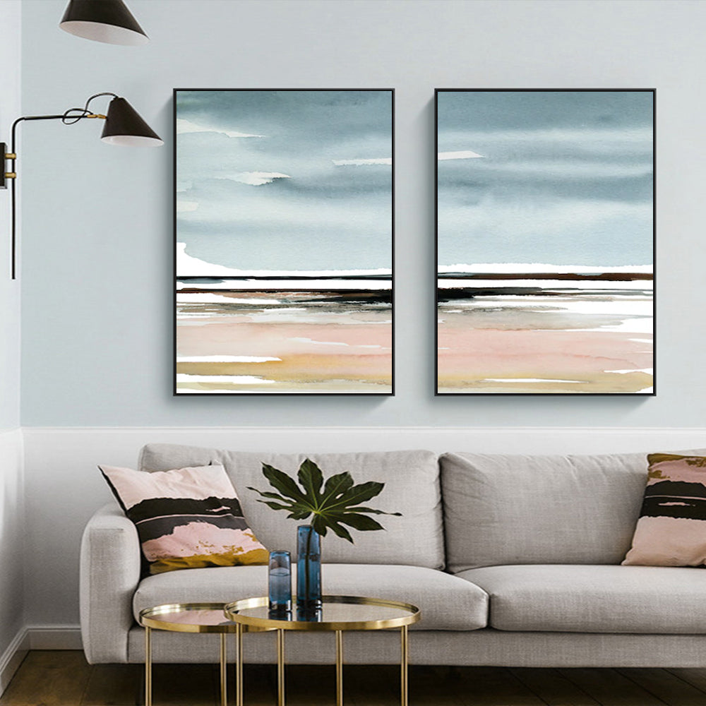 60cmx90cm Pink Beach Landscape 2 Sets Black Frame Canvas Wall Art