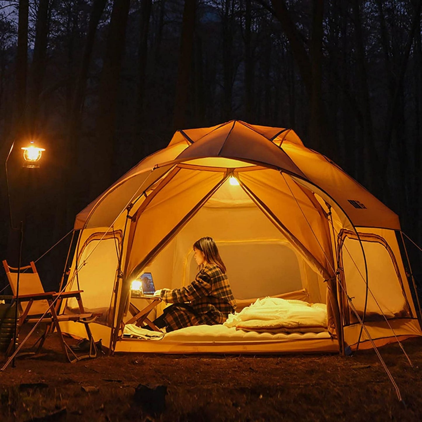 Large Space Luxury Frog Hexagonal Tent 5-8 Person Double Layer - Khaki