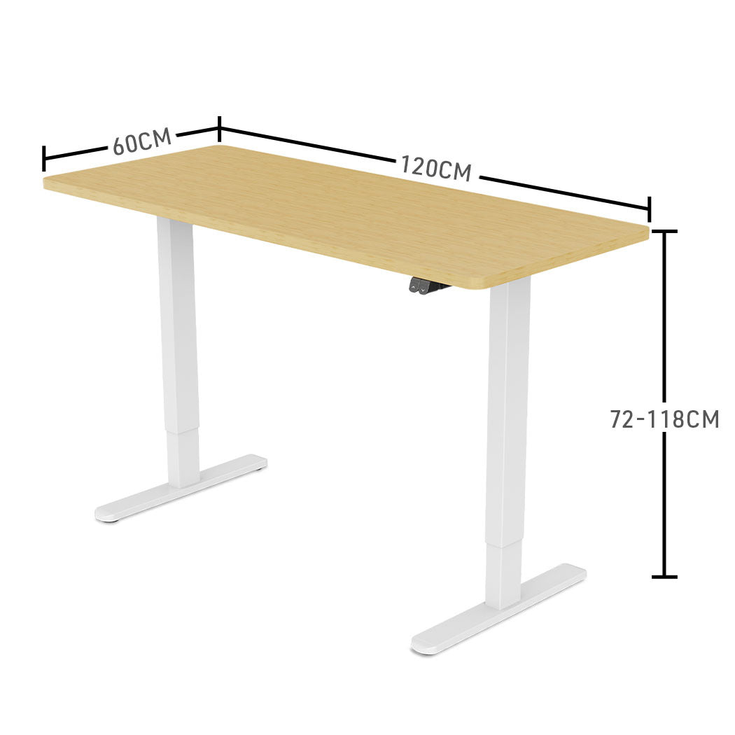 Fortia Sit To Stand Up Standing Desk, 120x60cm, 72-118cm Electric Height Adjustable, 70kg Load, White Oak Style/White Frame